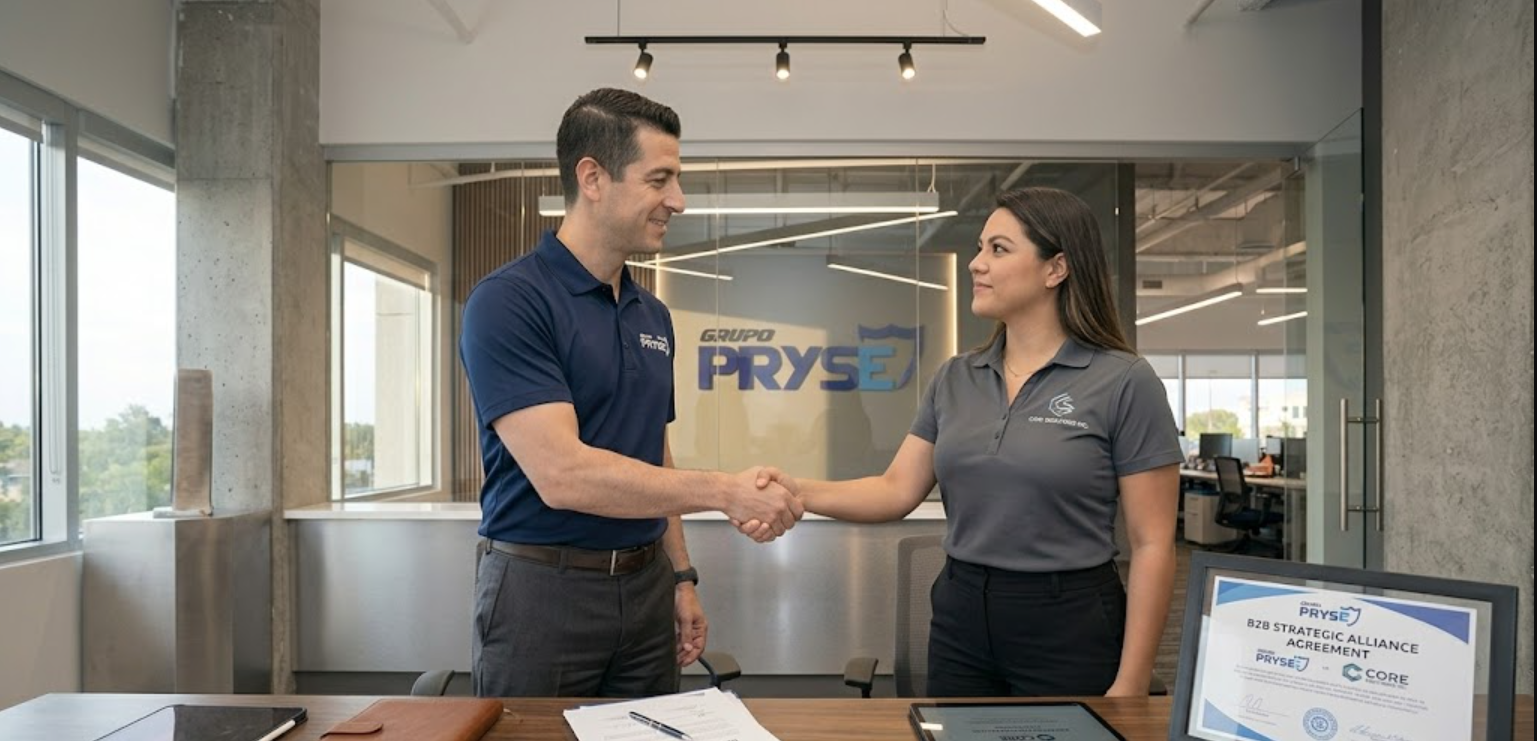 Alianza B2B PRYSE — asesor de PRYSE cerrando acuerdo de certificación grupal con representante de empresa