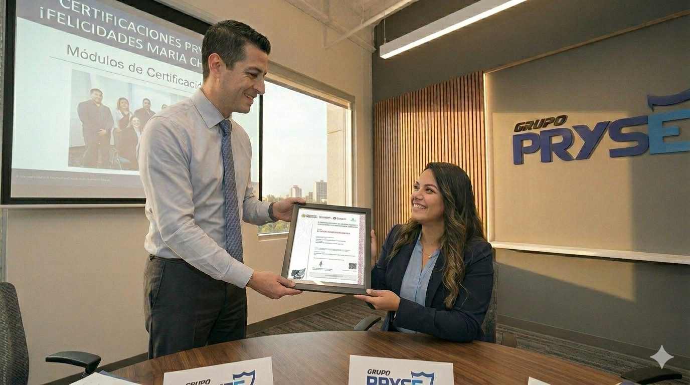 Entrega de certificado PRYSE — instructor PRYSE entregando certificado a candidata graduada