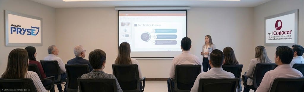Capacitación PRYSE — sala con presentación del proceso de certificación con logos PRYSE y CONOCER en las paredes